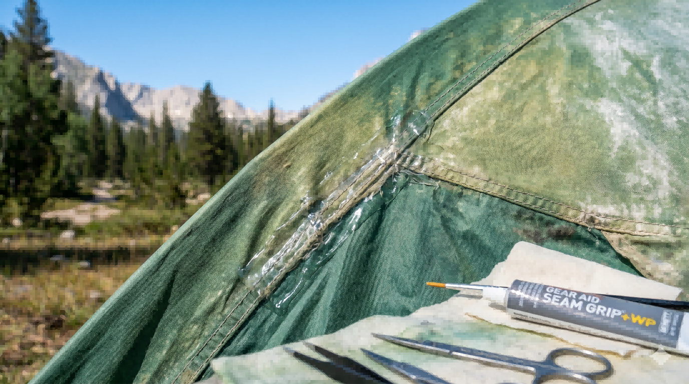 Tent seam repair in progress with seam sealer and tools, showing how targeted maintenance can extend shelter service life